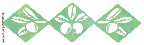 オリーブの実と葉を使った仕切り・飾り。水彩風、ベクター素材。