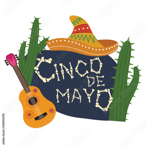 Text CINCO DE MAYO (Spanish for Fifth of May), sombrero, cacti and guitar on white background © Pixel-Shot