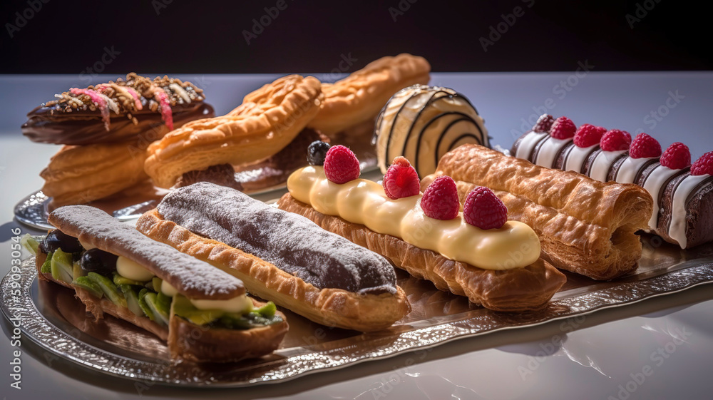 Φωτογραφία Colorful assortment of gourmet French pastries, such as eclairs, tarts, and mille-feuilles, placed on an ornate silver platter