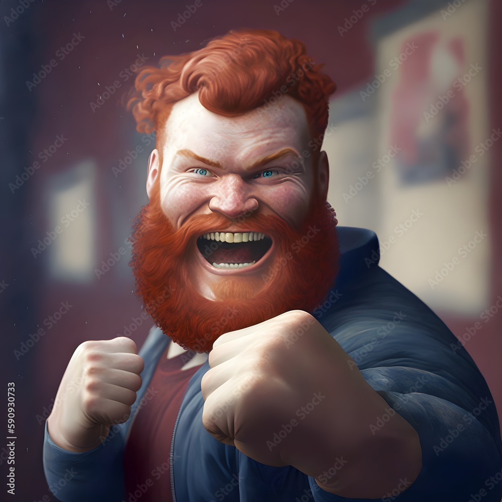 chobby red haired man with a big red fist his hand is red He has a