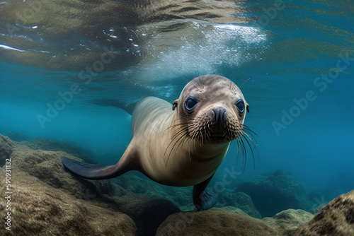 Playful Sea Lion Pup Swimming Towards Camera in the Galapagos Islands © Stipe