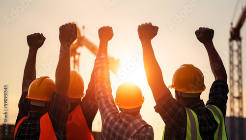 construction workers raise their hands in the air