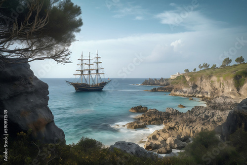 Pirates Cove With Big Sailing Boat On Horizon, Made Using Generative Ai