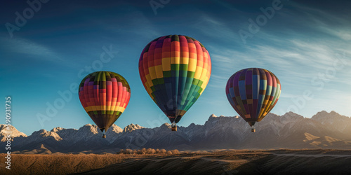 hot air three balloons over the high mountains, generative ai