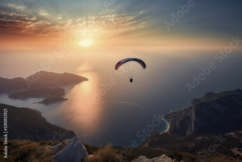 paragliding flying  in the mountains bay, sunset, panorama, generative ai © noeh