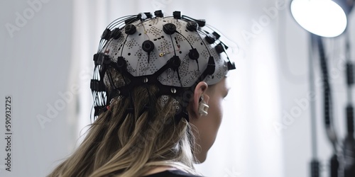 person holding an eeg sensor measuring brain activity, concept of Brainwave monitoring and technology, created with Generative AI technology photo