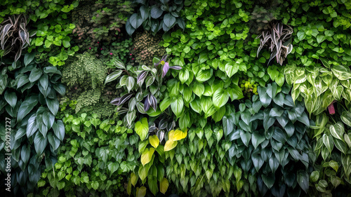 A lush, vibrant green living wall filled with a variety of small, healthy plants, creating a natural, eco-friendly texture. Wallpaper, Background