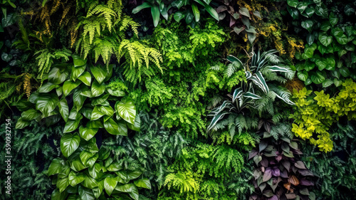 A lush, vibrant green living wall filled with a variety of small, healthy plants, creating a natural, eco-friendly texture. Wallpaper, Background