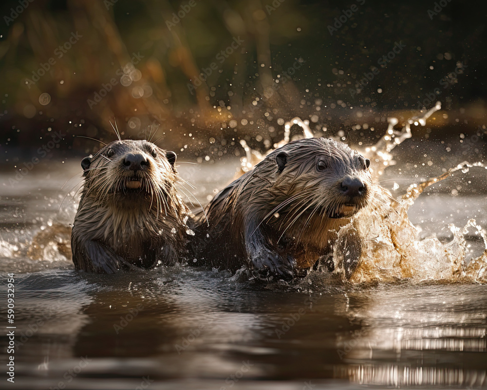 Playful Otters Diving and Playing in a Stream