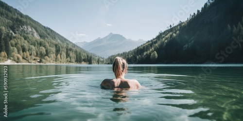 woman bathes in clear lake, concept of Nature and Serenity, created with Generative AI technology