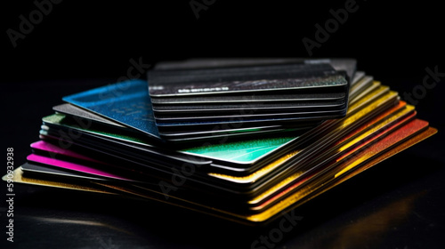 stack of multicolored credit cards on black background Generative AI