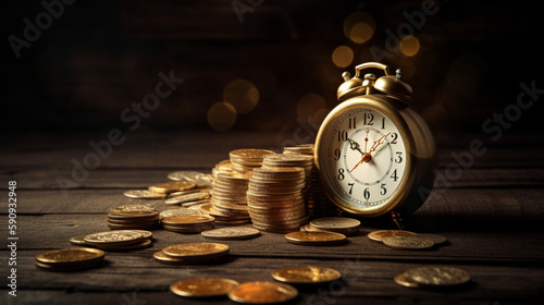 Stacking gold coins with wooden background and clock Generative AI