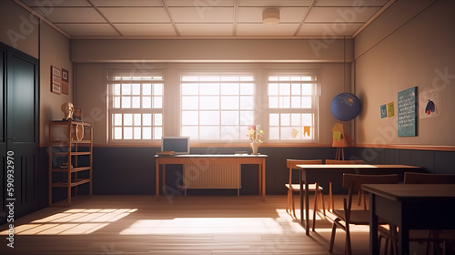 School classroom in blur background without young student  Blurry view of elementary class room no kid or teacher with chairs and tables in campus. Generative AI