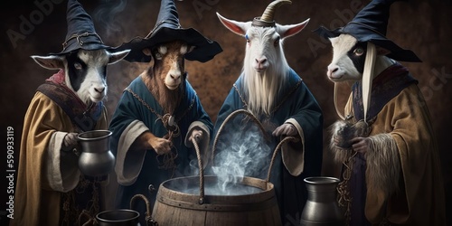 Group of goats dressed up in wizard robes standing around cauldron and looking like brewing magical potion, concept of Animal Costumes and Imaginary World, created with Generative AI technology photo