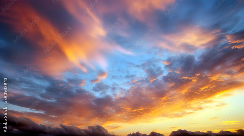 Fototapeta premium Beautiful sunset sky filled with warm shades of orange, pink, and purple, the soft, wispy clouds, background, wallpaper.