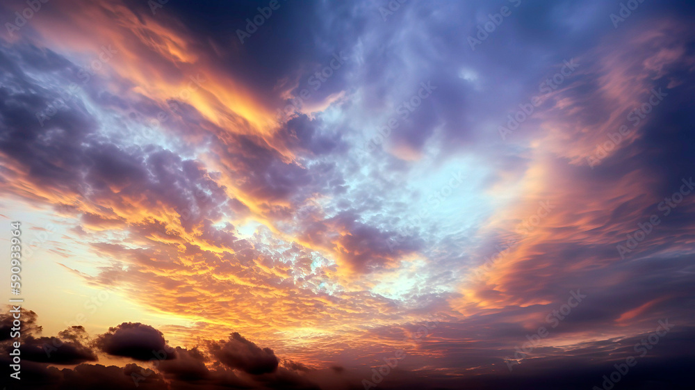 Beautiful sunset sky filled with warm shades of orange, pink, and purple, the soft, wispy clouds, background, wallpaper.