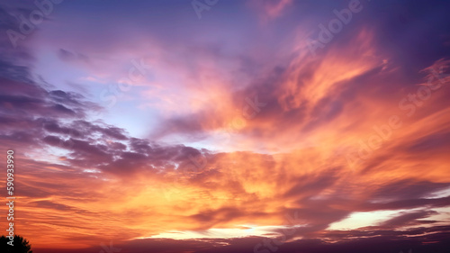 Beautiful sunset sky filled with warm shades of orange, pink, and purple, the soft, wispy clouds, background, wallpaper. © Melipo-Art