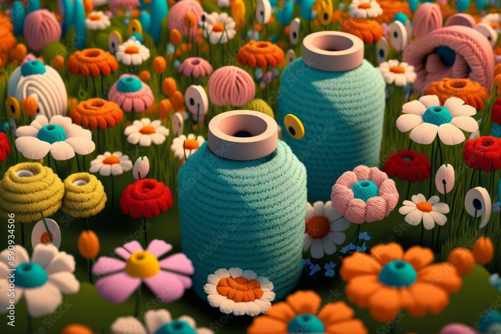 ovillo de lada en un precioso jardín con flores, crochet aesthetic, creado con IA generativa