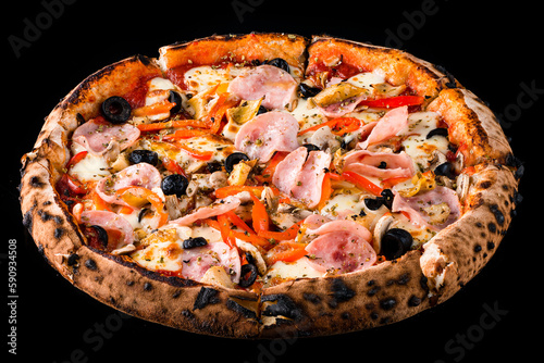 Italian pizza with ham, cheese, mushrooms, onions, olives, sweet peppers, tomato sauce and spices isolated on black.