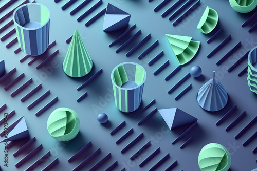Fondo abstracto de conos y circunferencias en un espacio isometrico con colores azules, hecho con IA generativa photo