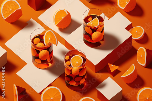 Vermut en fondo naranja isometrico, coctelería de lujo, restaurante moderno art deco, hecho con IA generativa