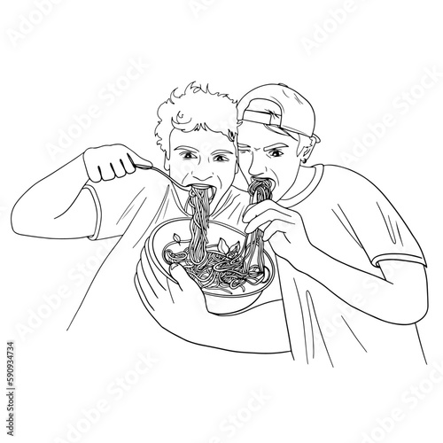 Two men eating a pasta artwork. Two boys eating Italian pasta outline illustration. Minimalistic linear design.