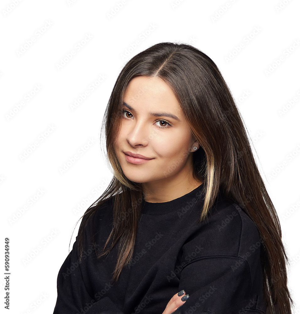 Close-up headshot portrait of a brunette girl, on a white background isolate. Close-up headshot portrait of a brunette girl, on a white background isolate.