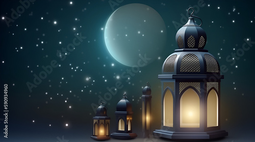 Ramadan kareem islamic greeting background, Eid mubarak greeting lantern background, Generative Ai