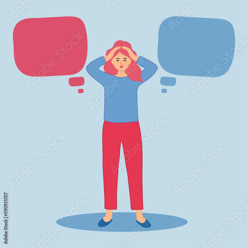 person with speech bubble. A modern woman with pink hair is screaming and indignant. Unable to choose between two options. Panic thoughts.