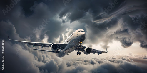 Airplane flying through a turbulence in the sky. People AI generative image photo