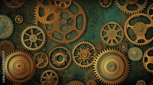 Background with gears steampunk style backdrop placeholder banner website steampunk concept green emerald aged background, AI Generated