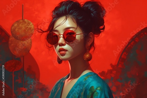 a girl wearing sunglasses and a shirt, in the style of anime art, social media portraiture. generative AI photo