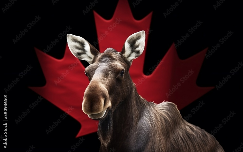 Moose and red canadian maple leaf on the black background created with Generative AI technology. Canada day