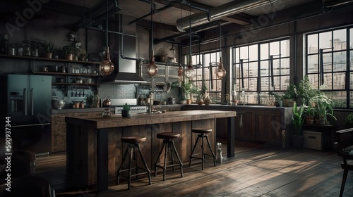 Country kitchen: rustic, cozy with a cozy atmosphere. Natural materials such as wood from the counter to the floor covering ensure a harmonious overall picture. - Generative AI