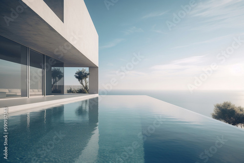 Luxury Residential Minimalist Villa With Pool And Ocean On Horizon, Made Using Generative Ai © Arma