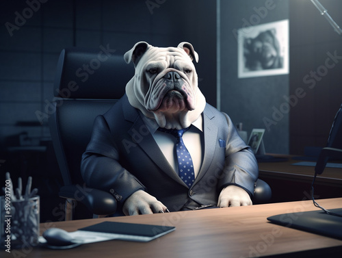 Illustration of bulldog wearing business attire. Animal working at the office. AI Generative. photo