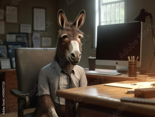 Illustration of donkey wearing business attire. Animal working at the office. AI Generative.