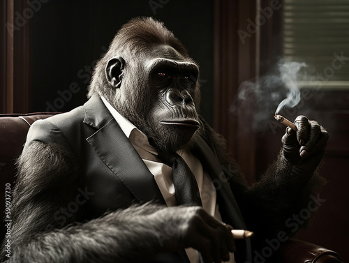 Illustration of gorilla wearing business attire. Animal working at the office. AI Generative.