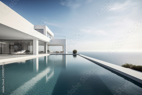 Luxury Residential Minimalist Villa With Pool And Ocean On Horizon  Made Using Generative Ai