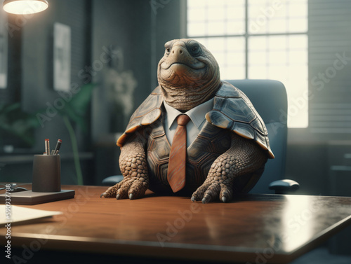 Illustration of turtle or tortoise wearing business attire. Animal working at the office. AI Generative.