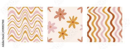 Daisy Flowers, Colorful Wavy lines Pattern Set