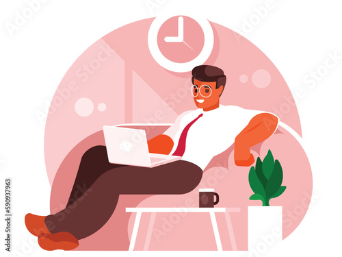 Distant work. Businessman sits in beanbag chair, working on laptop. Programmer creative outsourcing employee freelancer in flat cartoon style works remotely from home using smart device. Vector