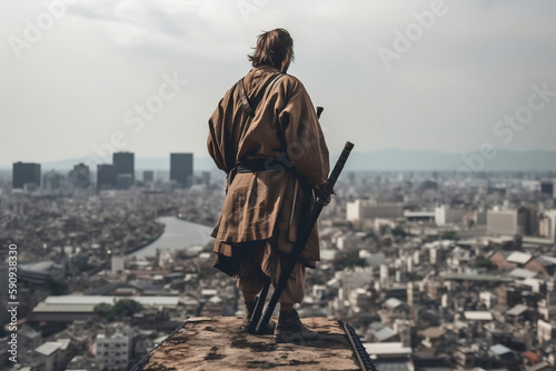 Samurai Standing On Roof And Watches City Below, Made Using Generative Ai