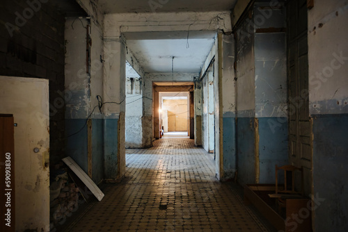 Dark corridor of old shabby dorm or appartment house