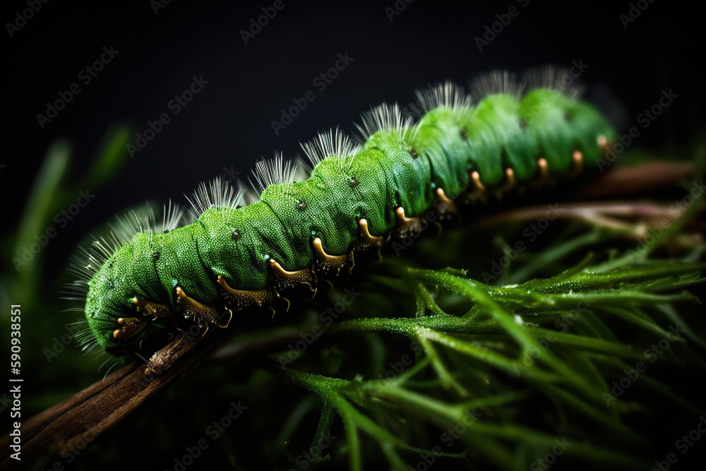 Get up close and personal with nature: Stunning macro photograph of caterpillar on lush green stem