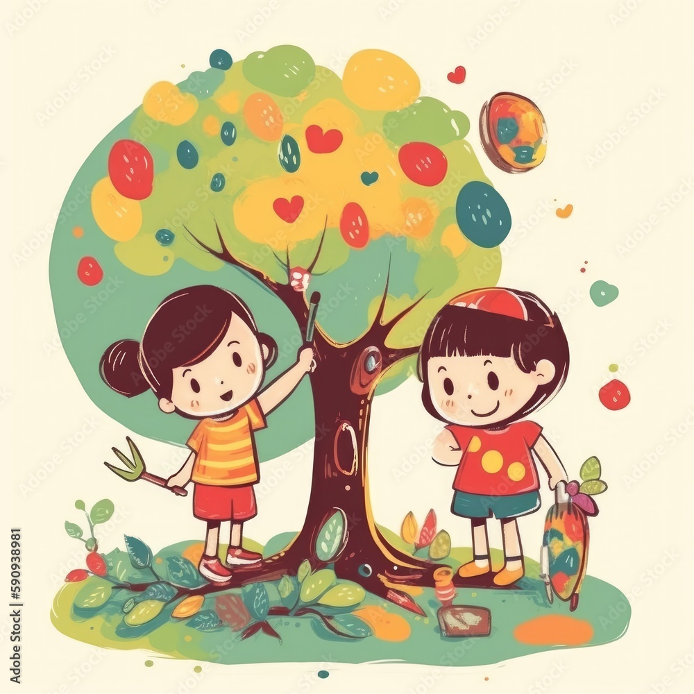 Two kids playing around the tree, cartoon illustration with generative ai Two kids playing around the tree, cartoon illustration with generative ai