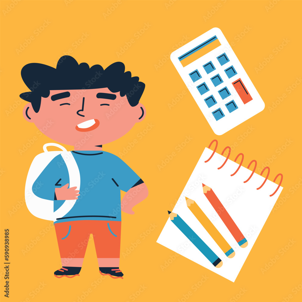 Back to school. Little boy with School supplies. Cartoon flat vector illustration. Funny cartoon kids characters. Happy kids at school banner. Back to school. Little boy with School supplies. Cartoon flat vector illustration. Funny cartoon kids characters. Happy kids at school banner.