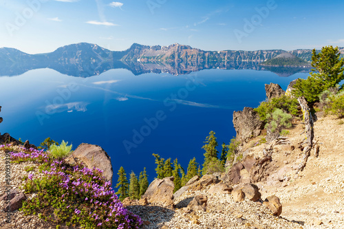 scenic view of lake in Crater lake National park, Oregon, USA - focus on foreground
