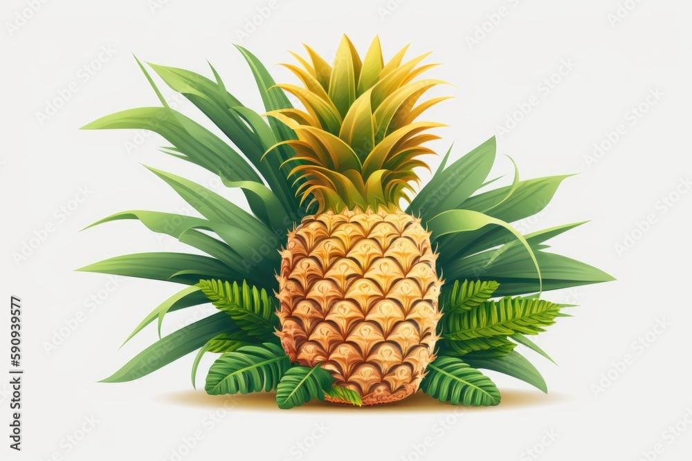 fresh pineapple on a white background with green leaves. Generative AI fresh pineapple on a white background with green leaves. Generative AI