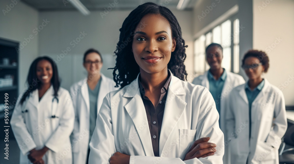 Young Adult Female African American Doctor In Front of Her Proud Staff - Generative AI. Young Adult Female African American Doctor In Front of Her Proud Staff - Generative AI.